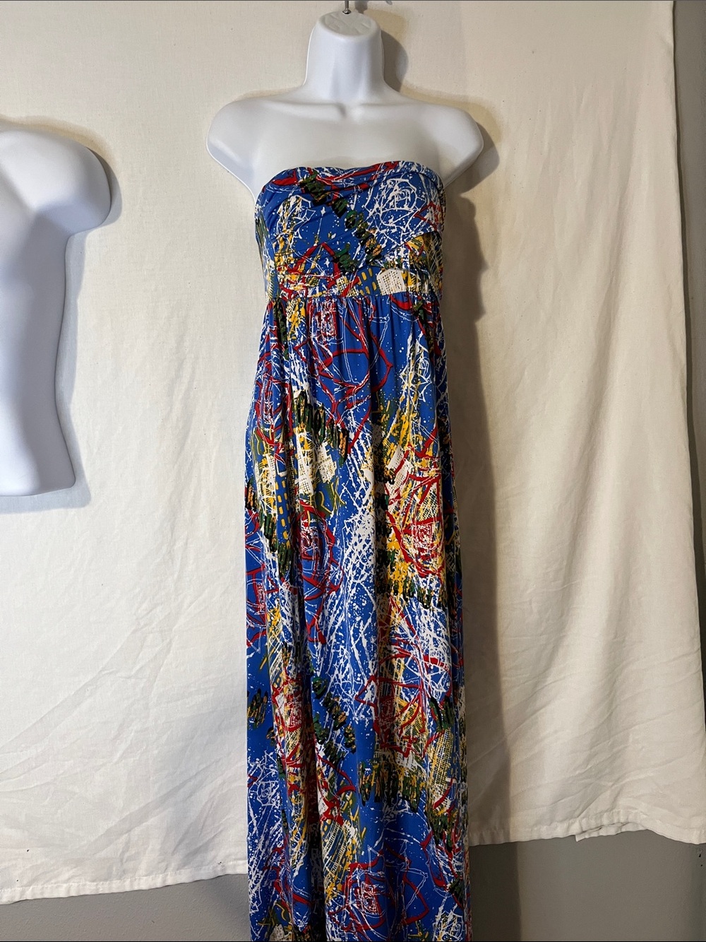 monaco Strapless Abstract Print Maxi Dress in Blue, Red, Yellow